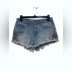Mossimo Embroidered Frayed Hem Denim High-Rise Shorts - Light Blue